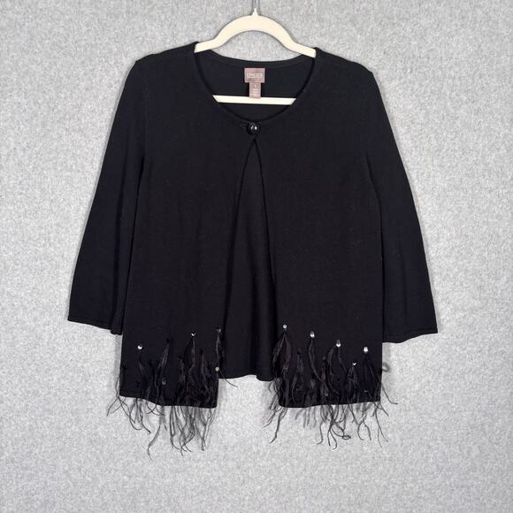 Chicos Cardigan‎ Sweater Medium 1 Open Button Feathers Sequins Maximalist Twee - Picture 1 of 11